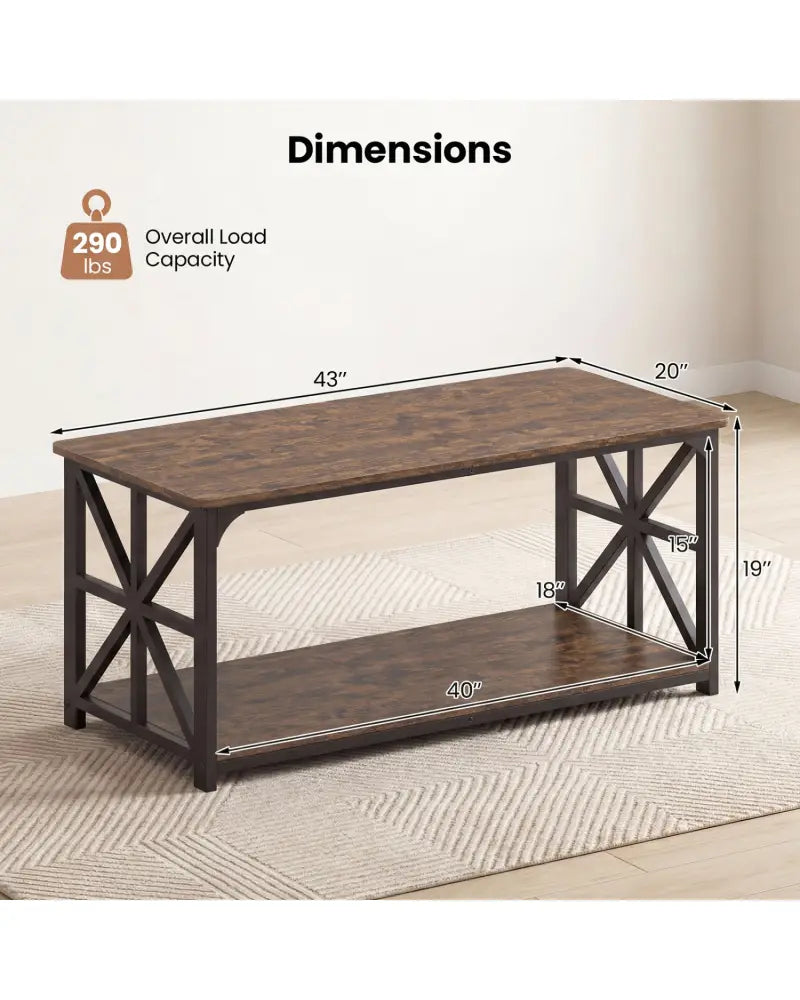 Coffee Table 2-Tier Center Table with Storage Shelf-Rustic Brown - Rustic Brown - Coffee Tables