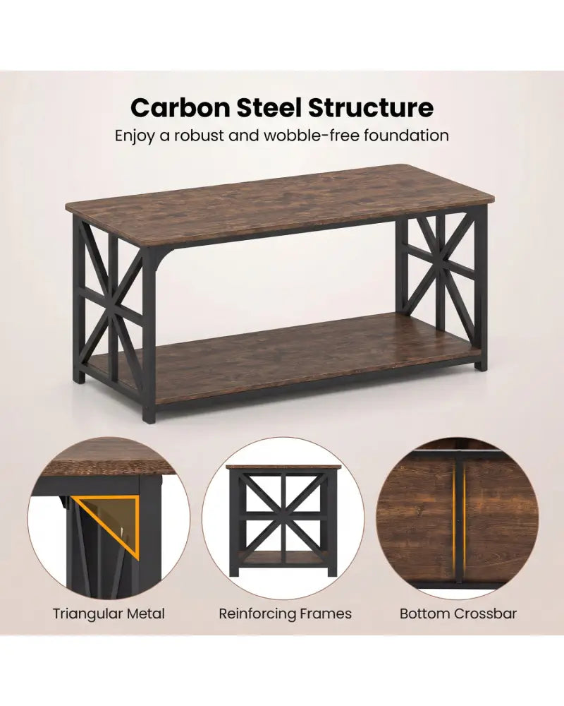 Coffee Table 2-Tier Center Table with Storage Shelf-Rustic Brown - Rustic Brown - Coffee Tables