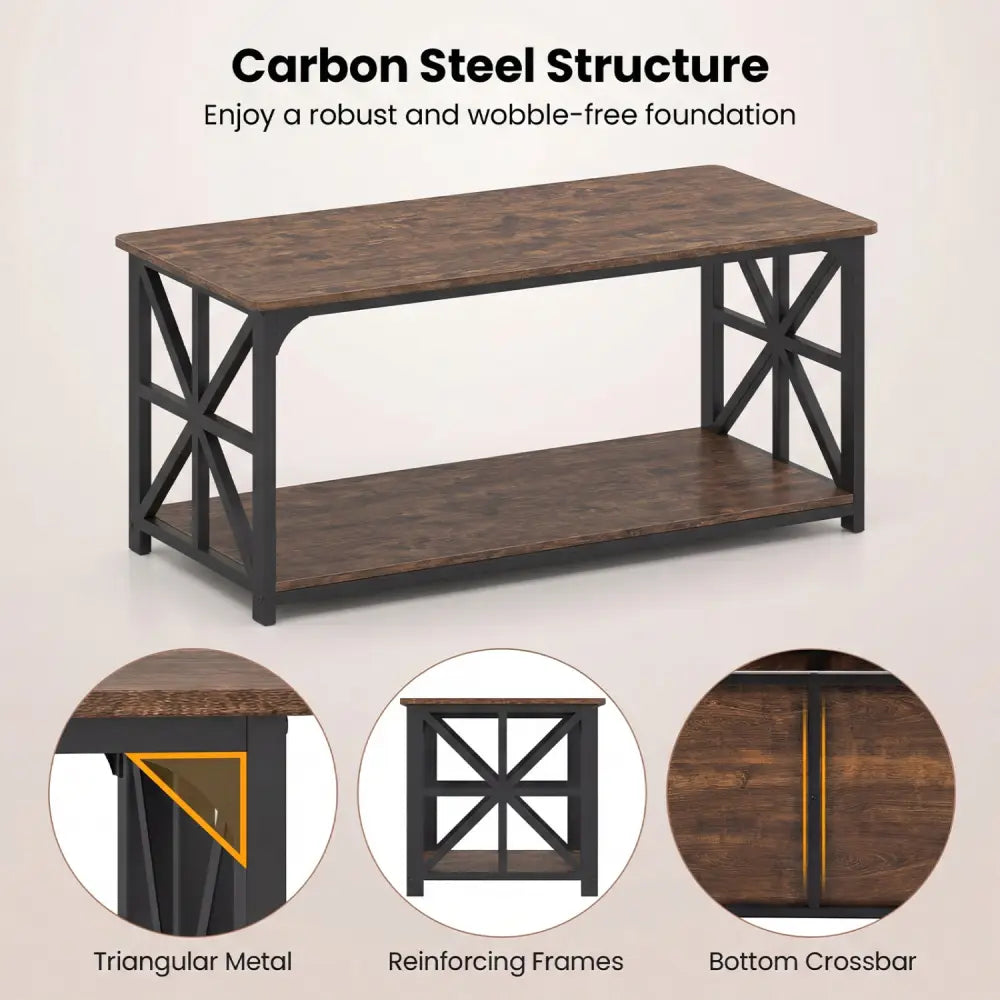 Coffee Table 2-Tier Center Table with Storage Shelf-Rustic Brown - Rustic Brown - Coffee Tables