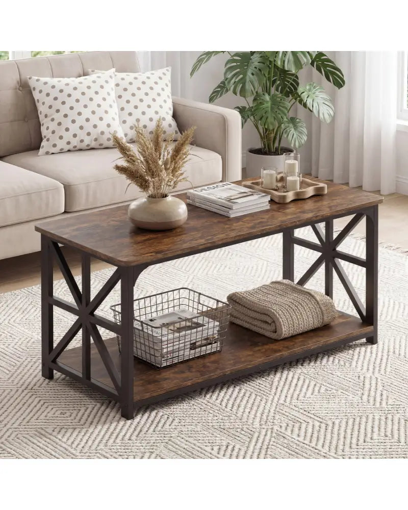 Coffee Table 2-Tier Center Table with Storage Shelf-Rustic Brown - Rustic Brown - Coffee Tables