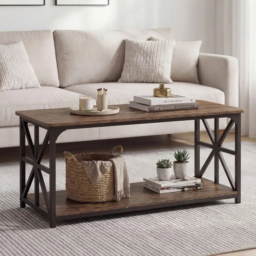 Coffee Table 2-Tier Center Table with Storage Shelf-Rustic Brown - Rustic Brown - Coffee Tables