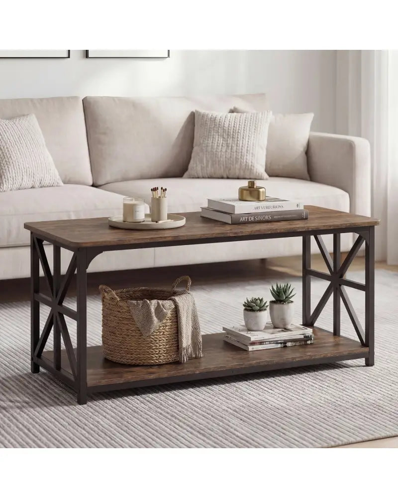 Coffee Table 2-Tier Center Table with Storage Shelf-Rustic Brown - Rustic Brown - Coffee Tables