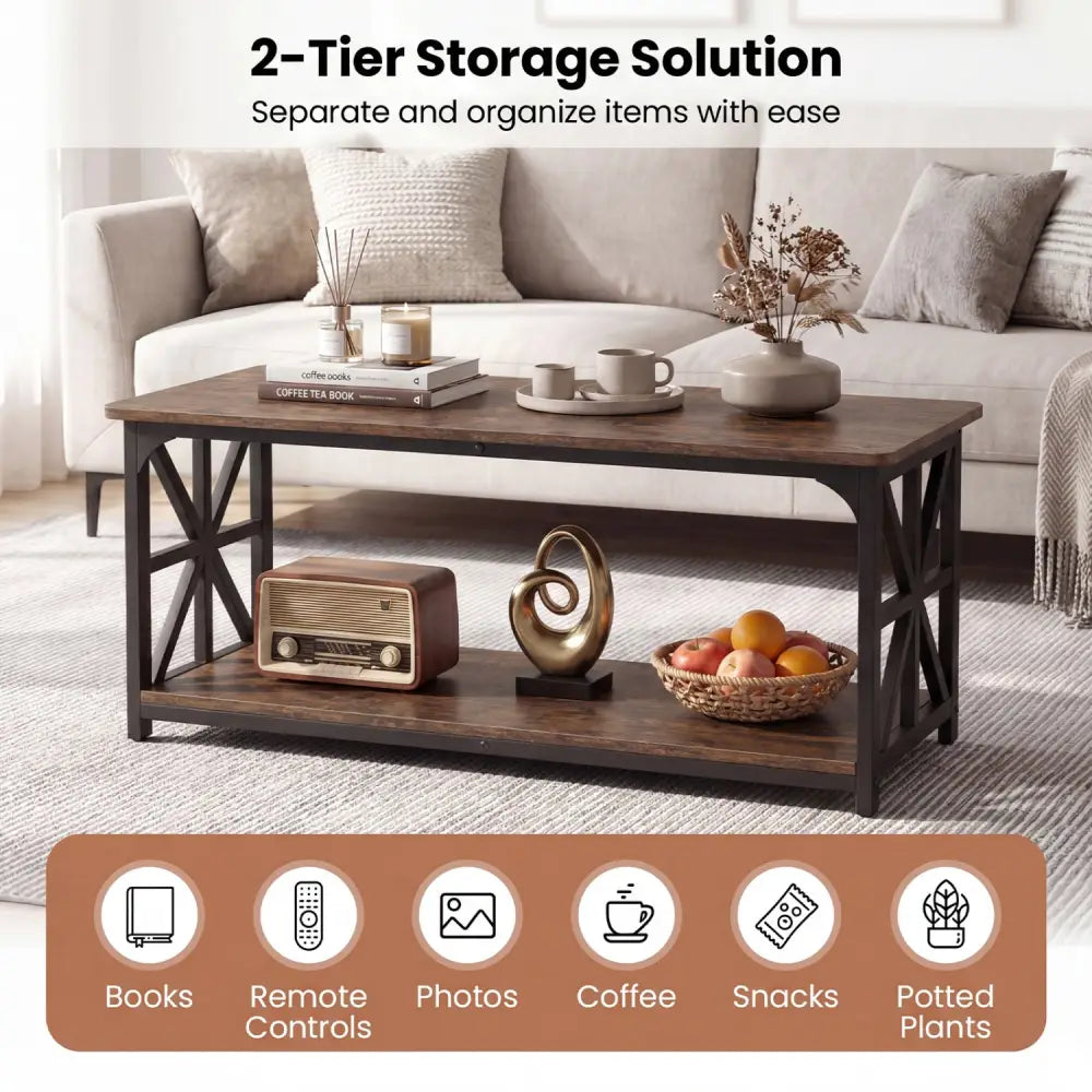 Coffee Table 2-Tier Center Table with Storage Shelf-Rustic Brown - Rustic Brown - Coffee Tables