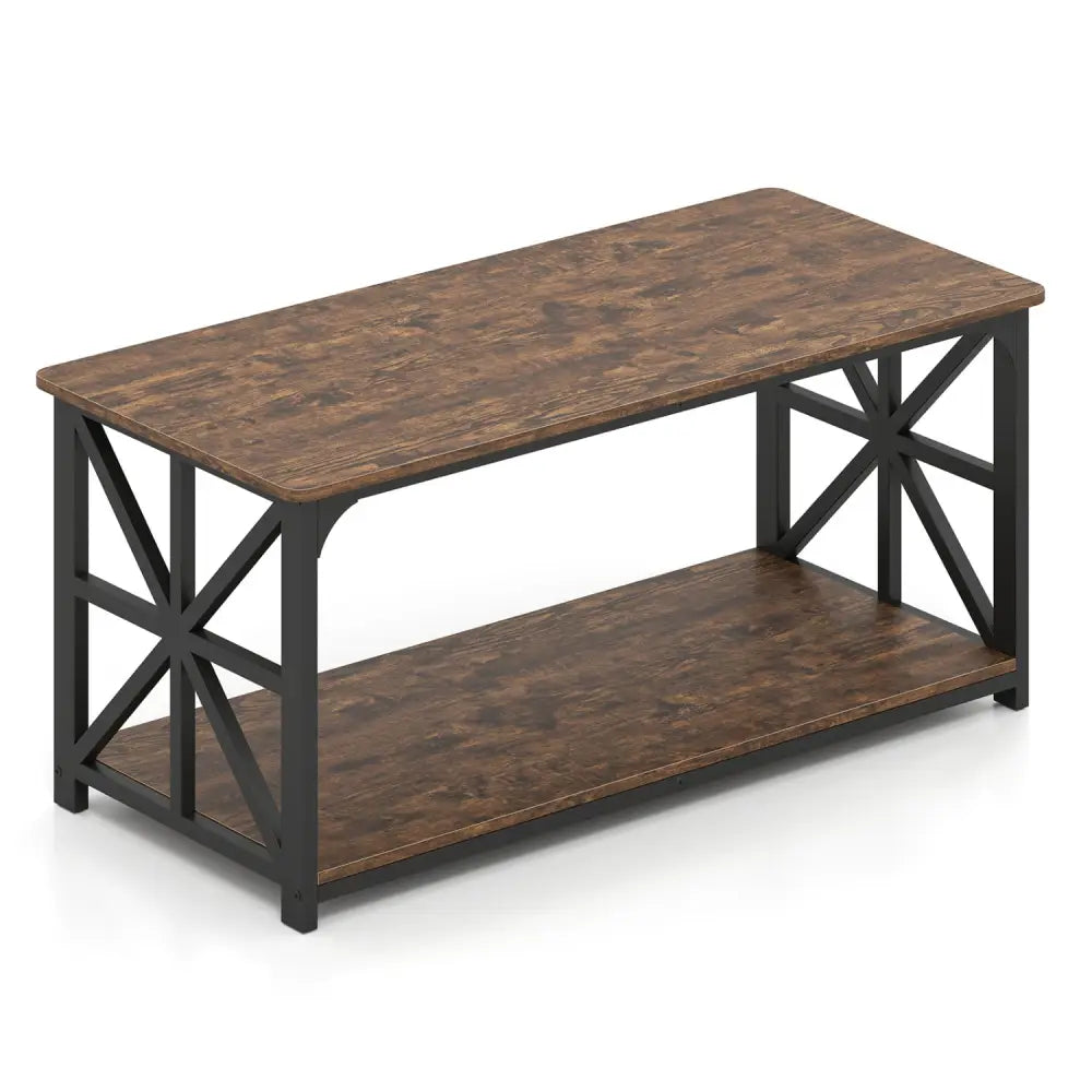 Coffee Table 2-Tier Center Table with Storage Shelf-Rustic Brown - Rustic Brown - Coffee Tables