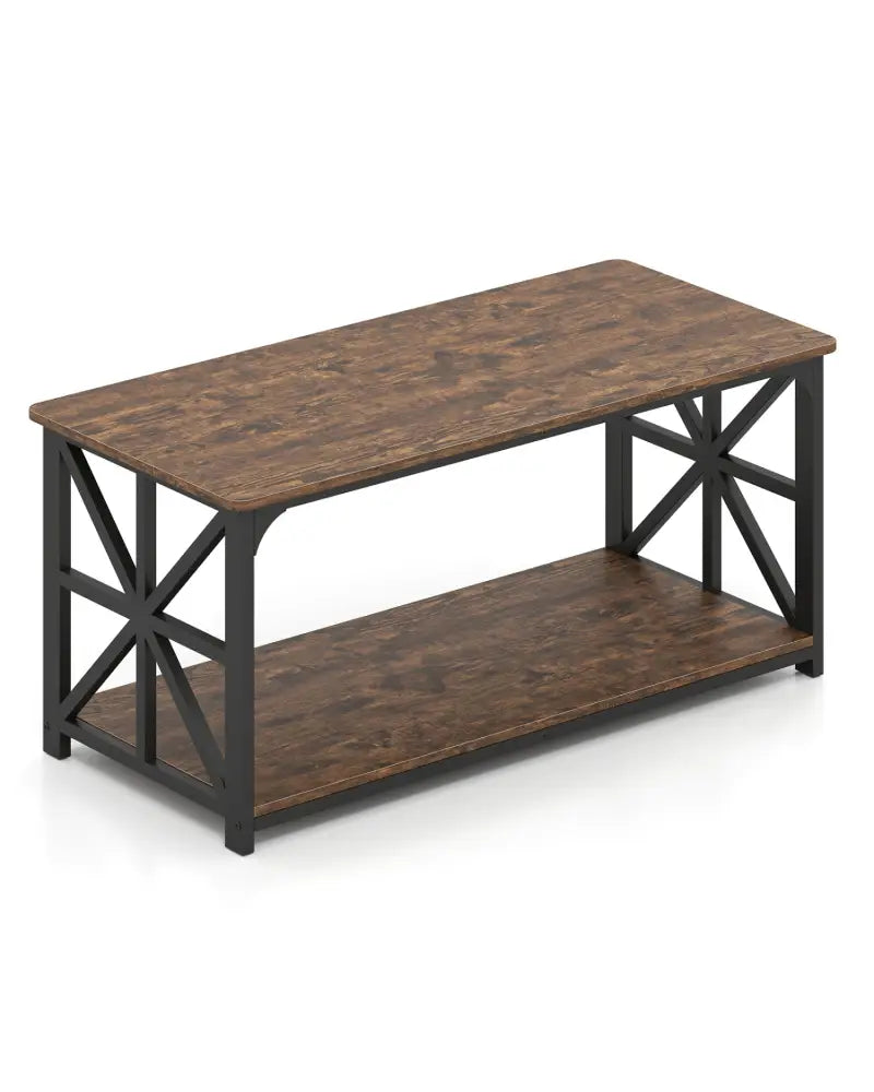 Coffee Table 2-Tier Center Table with Storage Shelf-Rustic Brown - Rustic Brown - Coffee Tables
