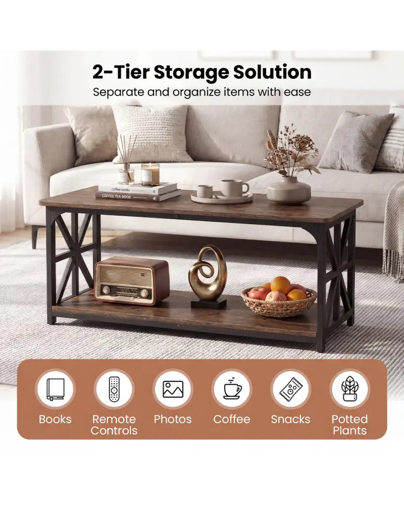 Coffee Table 2-Tier Center Table with Storage Shelf-Rustic Brown - Rustic Brown - Coffee Tables