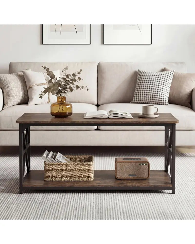 Coffee Table 2-Tier Center Table with Storage Shelf-Rustic Brown - Rustic Brown - Coffee Tables