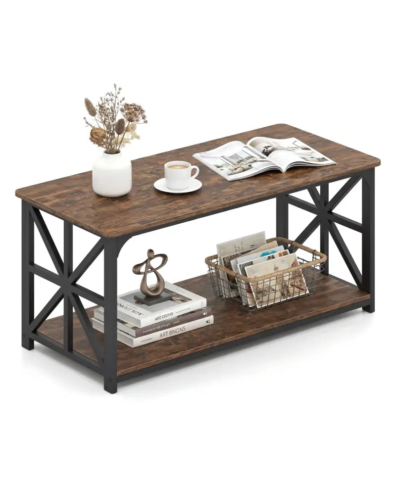 Coffee Table 2-Tier Center Table with Storage Shelf-Rustic Brown - Rustic Brown - Coffee Tables