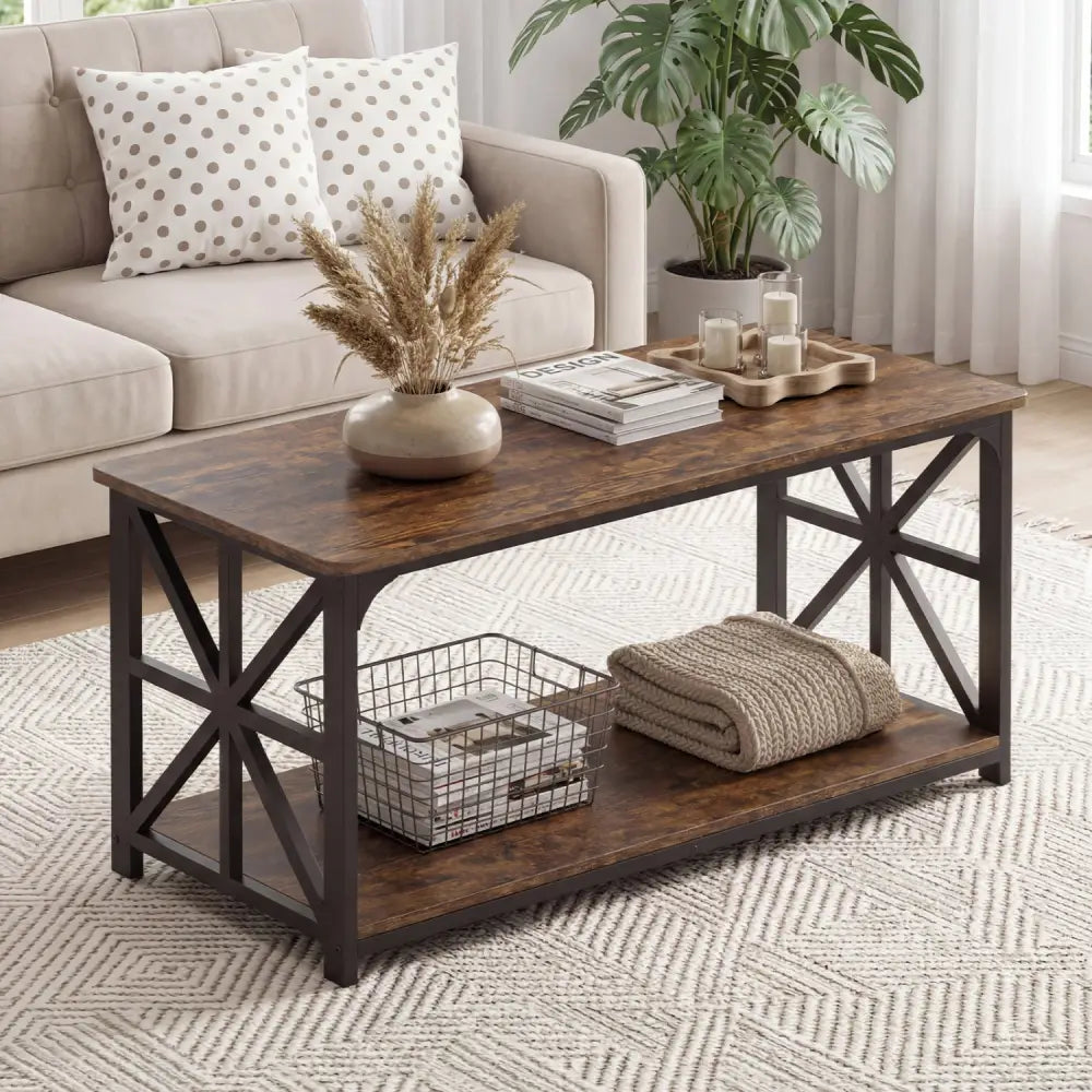 Coffee Table 2-Tier Center Table with Storage Shelf-Rustic Brown - Rustic Brown - Coffee Tables