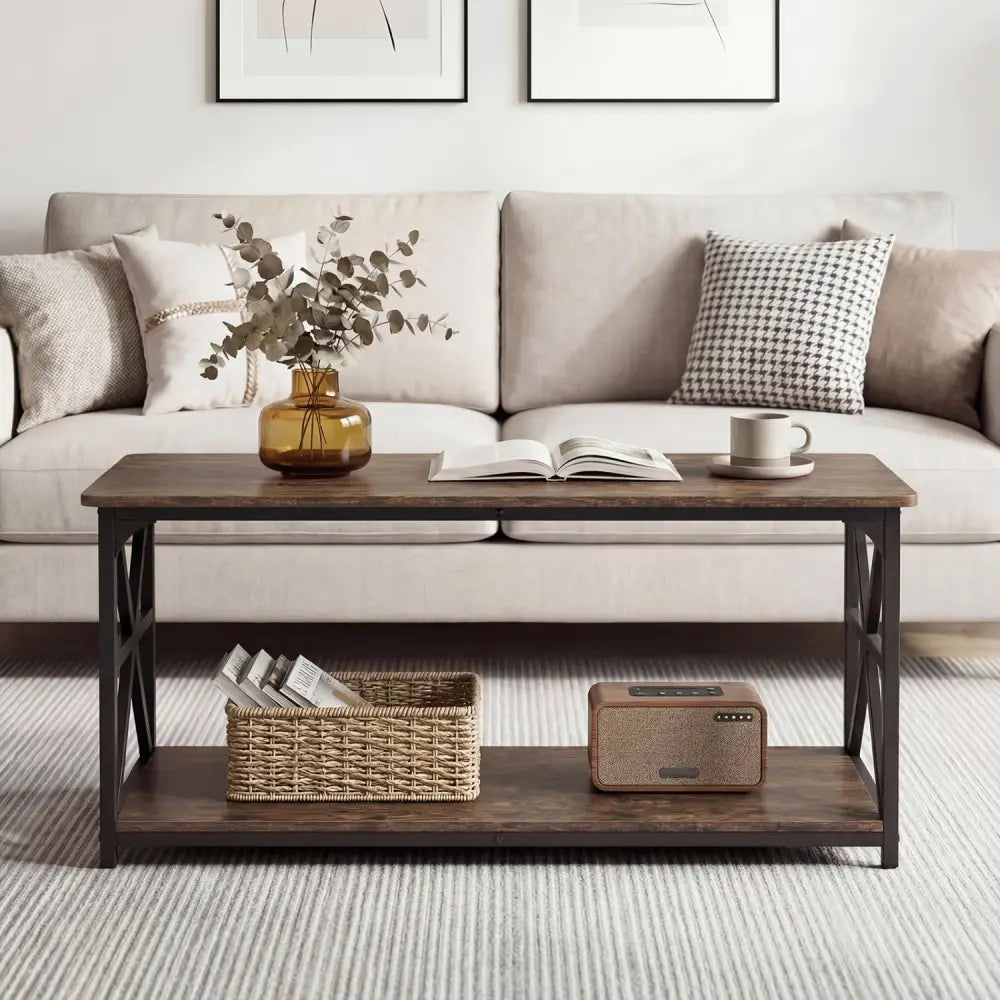 Coffee Table 2-Tier Center Table with Storage Shelf-Rustic Brown - Rustic Brown - Coffee Tables