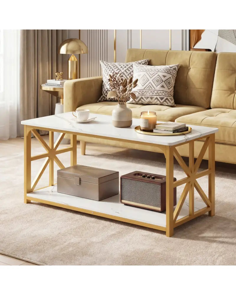 Coffee Table 2-Tier Center Table with Storage Shelf-White and Golden - White & Golden - Coffee Tables