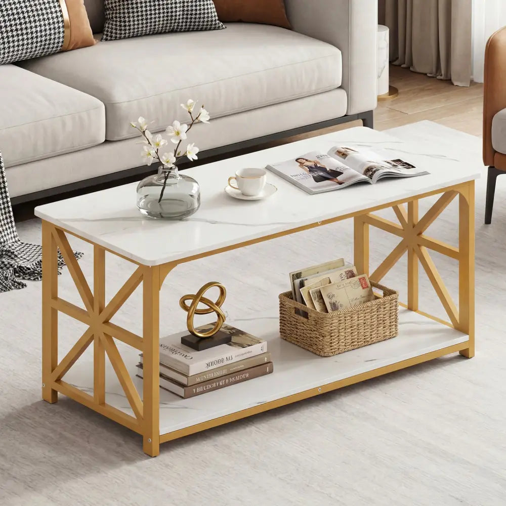 Coffee Table 2-Tier Center Table with Storage Shelf-White and Golden - White & Golden - Coffee Tables