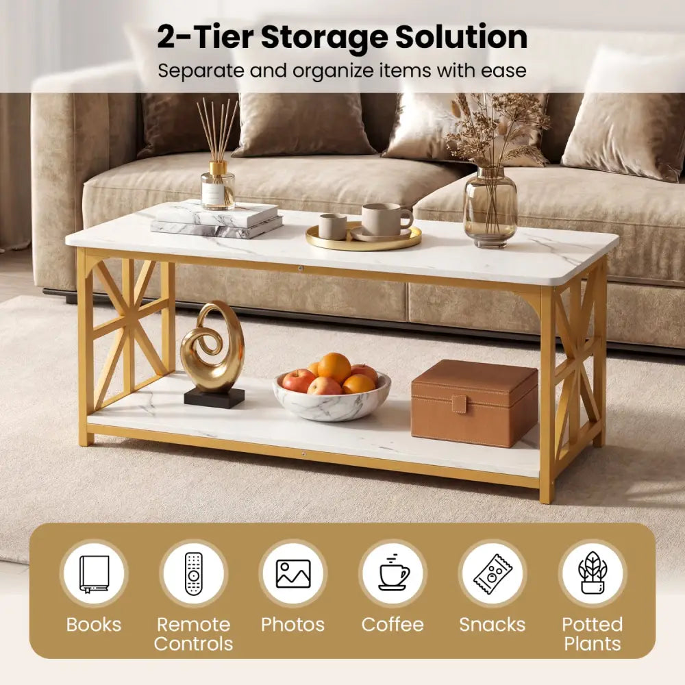 Coffee Table 2-Tier Center Table with Storage Shelf-White and Golden - White & Golden - Coffee Tables