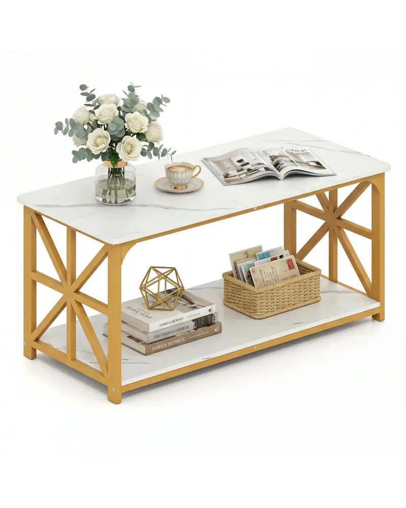 Coffee Table 2-Tier Center Table with Storage Shelf-White and Golden - White & Golden - Coffee Tables