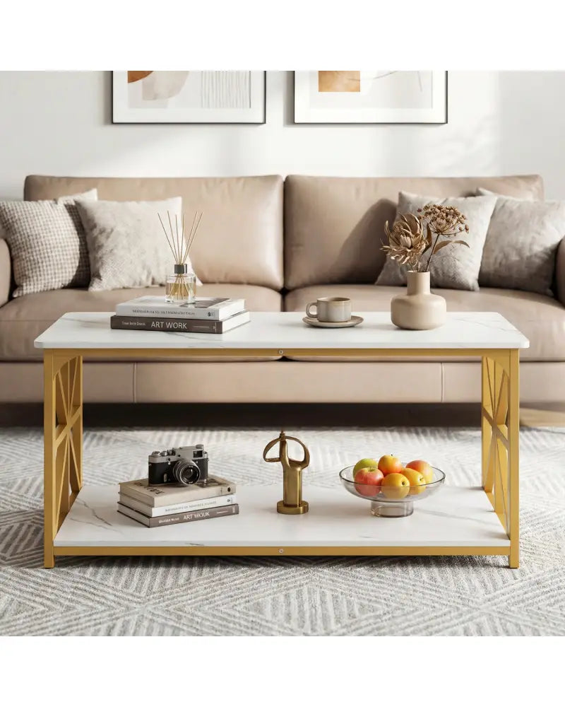 Coffee Table 2-Tier Center Table with Storage Shelf-White and Golden - White & Golden - Coffee Tables