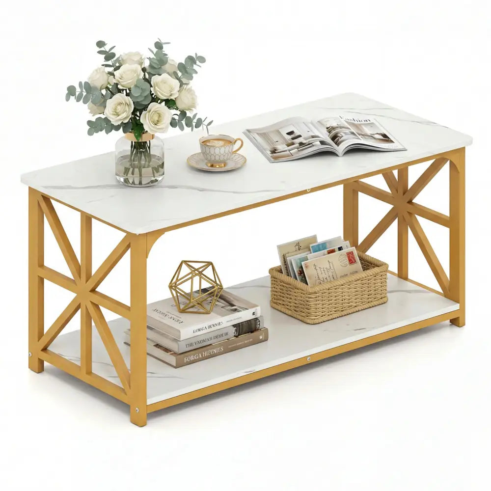 Coffee Table 2-Tier Center Table with Storage Shelf-White and Golden - White & Golden - Coffee Tables