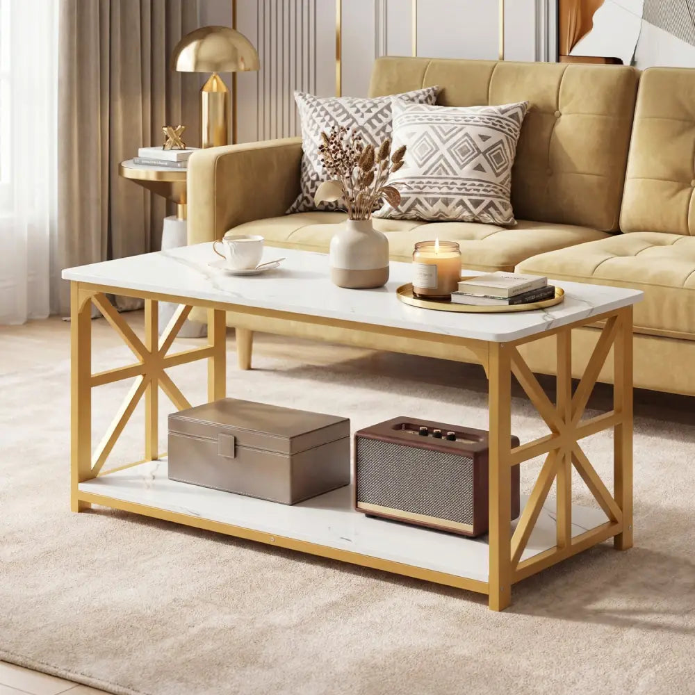 Coffee Table 2-Tier Center Table with Storage Shelf-White and Golden - White & Golden - Coffee Tables