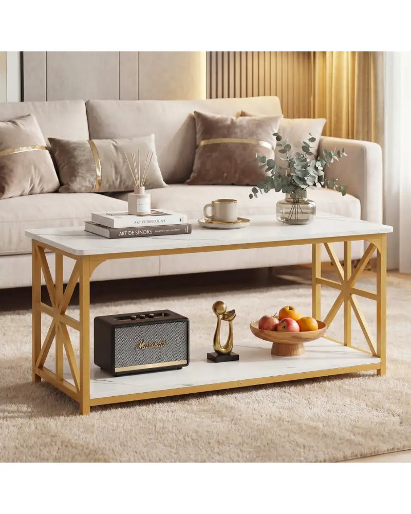 Coffee Table 2-Tier Center Table with Storage Shelf-White and Golden - White & Golden - Coffee Tables