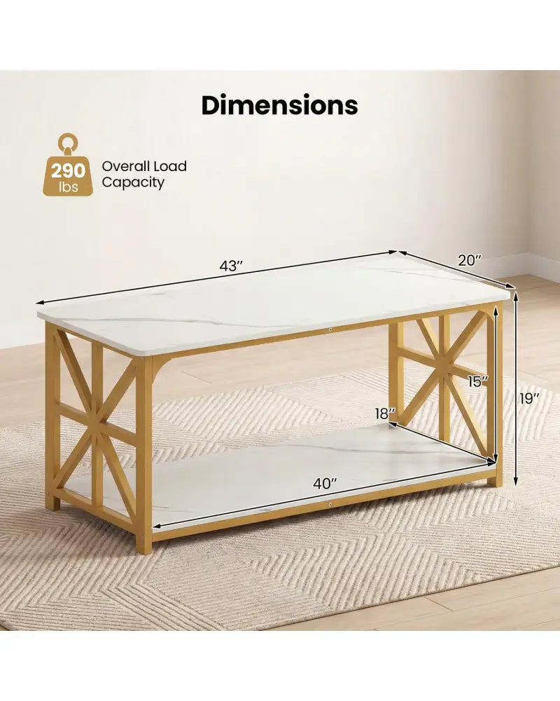 Coffee Table 2-Tier Center Table with Storage Shelf-White and Golden - White & Golden - Coffee Tables