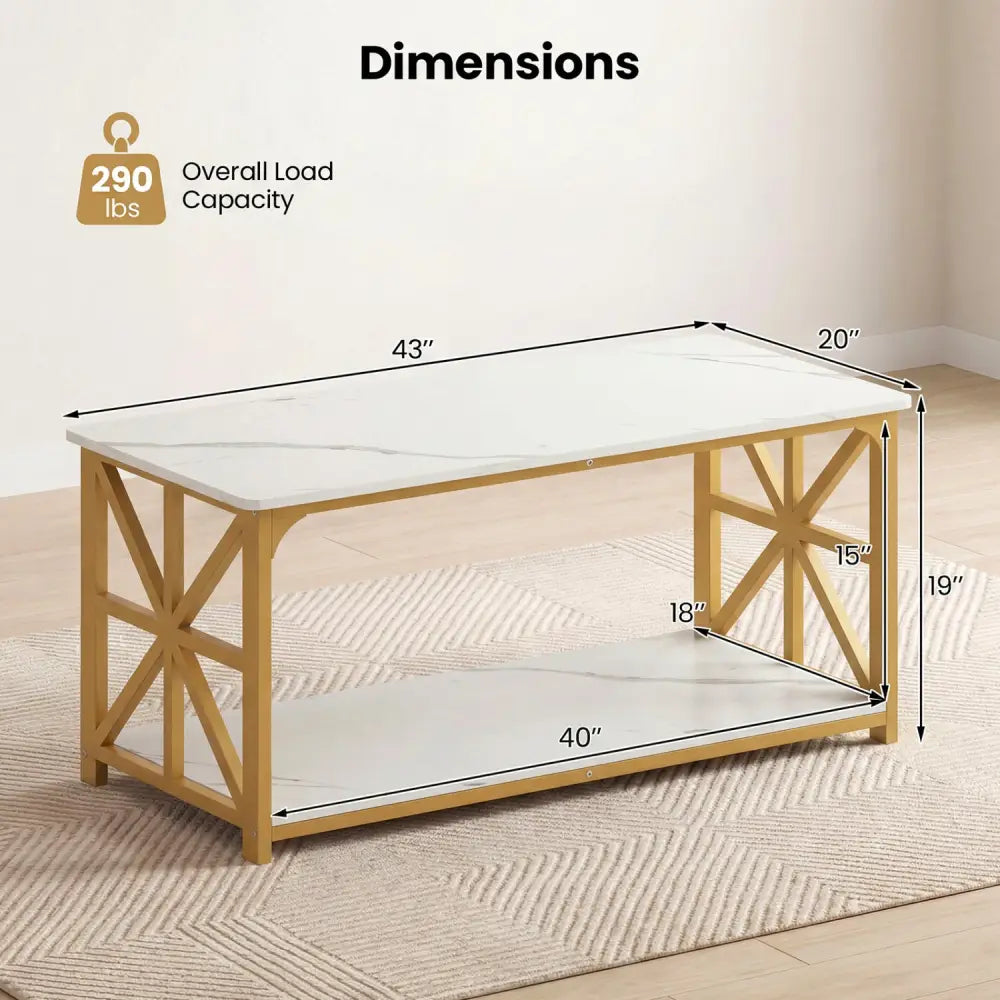 Coffee Table 2-Tier Center Table with Storage Shelf-White and Golden - White & Golden - Coffee Tables