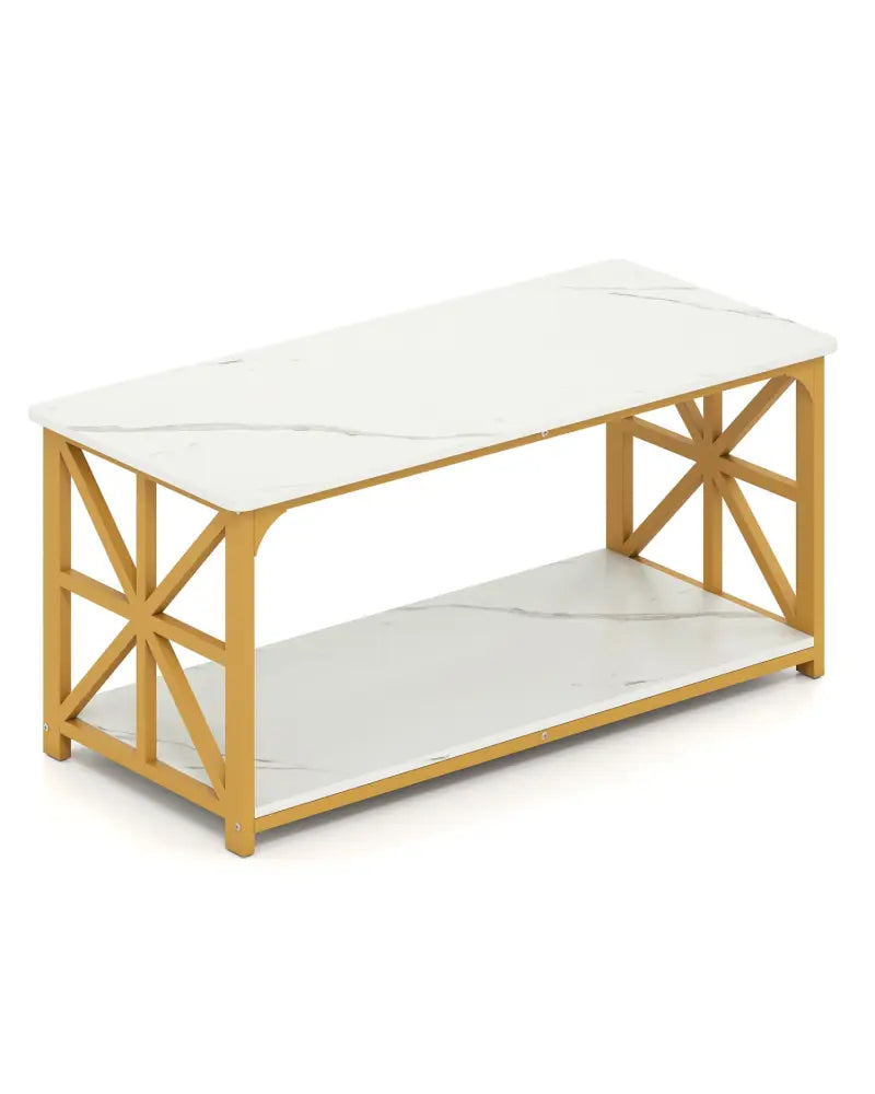 Coffee Table 2-Tier Center Table with Storage Shelf-White and Golden - White & Golden - Coffee Tables