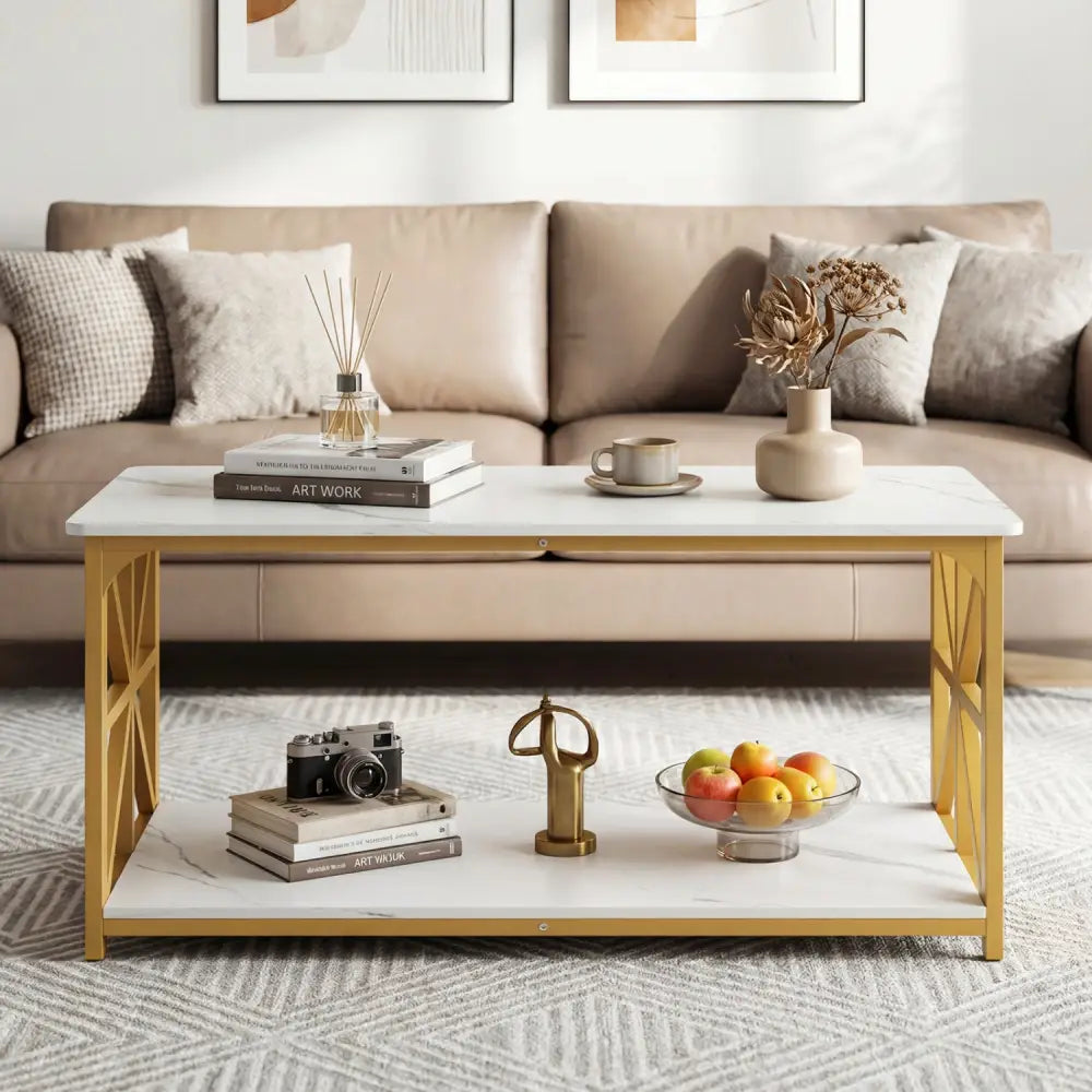 Coffee Table 2-Tier Center Table with Storage Shelf-White and Golden - White & Golden - Coffee Tables