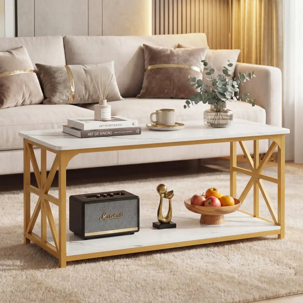 Coffee Table 2-Tier Center Table with Storage Shelf-White and Golden - White & Golden - Coffee Tables