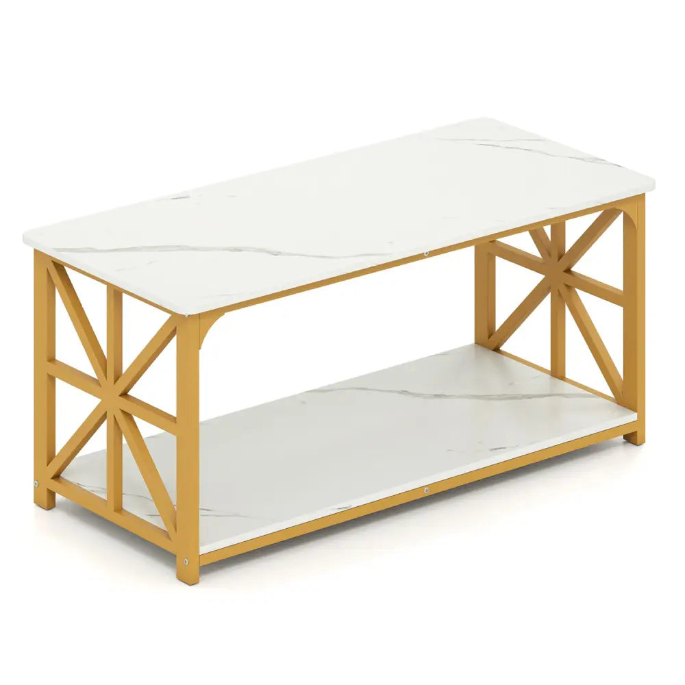 Coffee Table 2-Tier Center Table with Storage Shelf-White and Golden - White & Golden - Coffee Tables