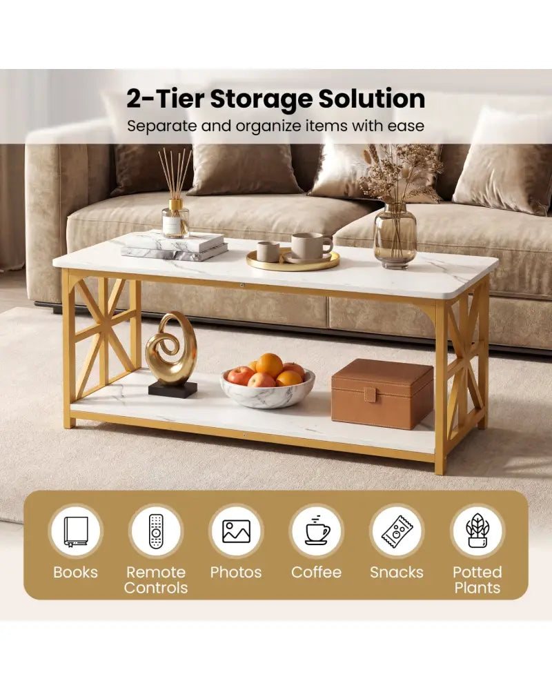 Coffee Table 2-Tier Center Table with Storage Shelf-White and Golden - White & Golden - Coffee Tables