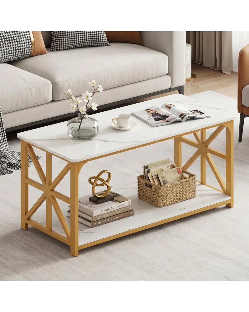 Coffee Table 2-Tier Center Table with Storage Shelf-White and Golden - White & Golden - Coffee Tables