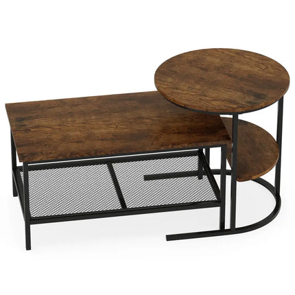 Coffee Table 2-Tier Rectangle Coffee Table and Side End Table with Storage Shelves-Rustic Brown - Rustic Brown - Coffee