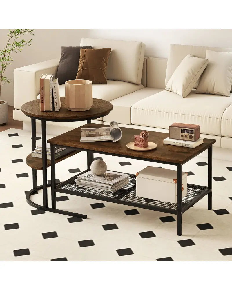 Coffee Table 2-Tier Rectangle Coffee Table and Side End Table with Storage Shelves-Rustic Brown - Rustic Brown - Coffee