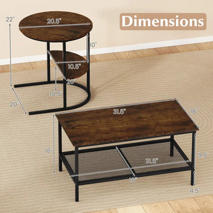 Coffee Table 2-Tier Rectangle Coffee Table and Side End Table with Storage Shelves-Rustic Brown - Rustic Brown - Coffee