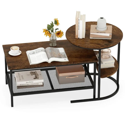 Coffee Table 2-Tier Rectangle Coffee Table and Side End Table with Storage Shelves-Rustic Brown - Rustic Brown - Coffee