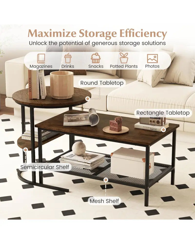 Coffee Table 2-Tier Rectangle Coffee Table and Side End Table with Storage Shelves-Rustic Brown - Rustic Brown - Coffee