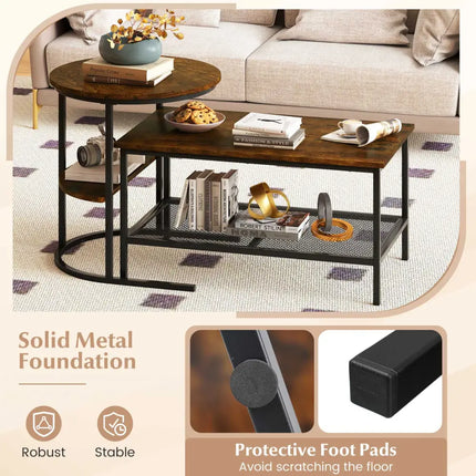 Coffee Table 2-Tier Rectangle Coffee Table and Side End Table with Storage Shelves-Rustic Brown - Rustic Brown - Coffee