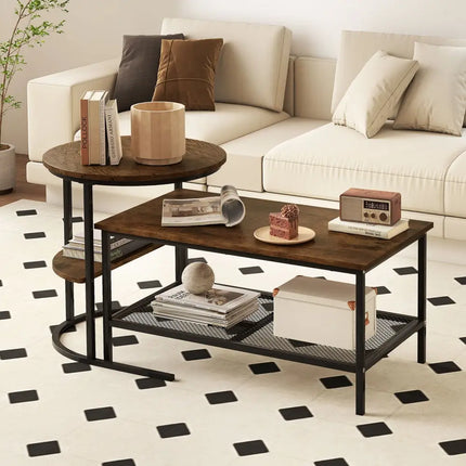 Coffee Table 2-Tier Rectangle Coffee Table and Side End Table with Storage Shelves-Rustic Brown - Rustic Brown - Coffee