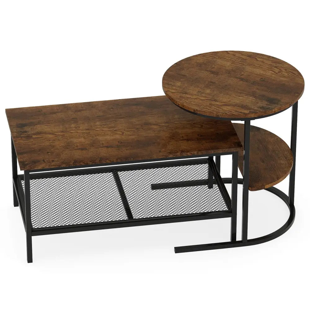 Coffee Table 2-Tier Rectangle Coffee Table and Side End Table with Storage Shelves-Rustic Brown - Rustic Brown - Coffee