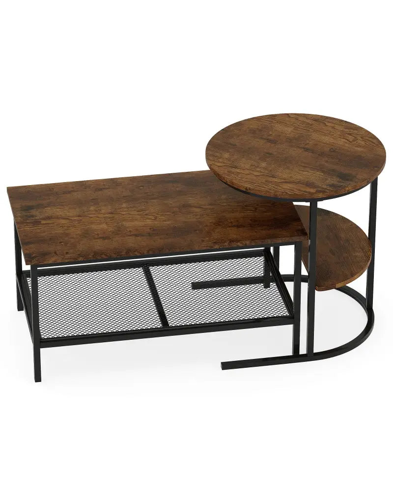 Coffee Table 2-Tier Rectangle Coffee Table and Side End Table with Storage Shelves-Rustic Brown - Rustic Brown - Coffee