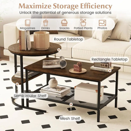 Coffee Table 2-Tier Rectangle Coffee Table and Side End Table with Storage Shelves-Rustic Brown - Rustic Brown - Coffee