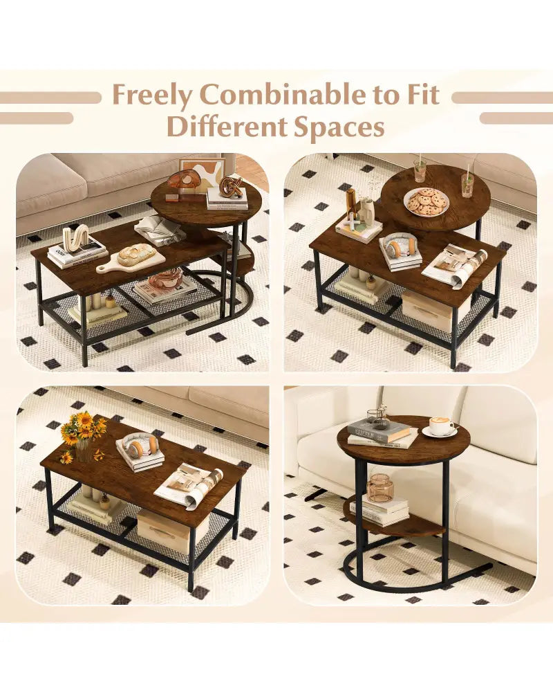 Coffee Table 2-Tier Rectangle Coffee Table and Side End Table with Storage Shelves-Rustic Brown - Rustic Brown - Coffee