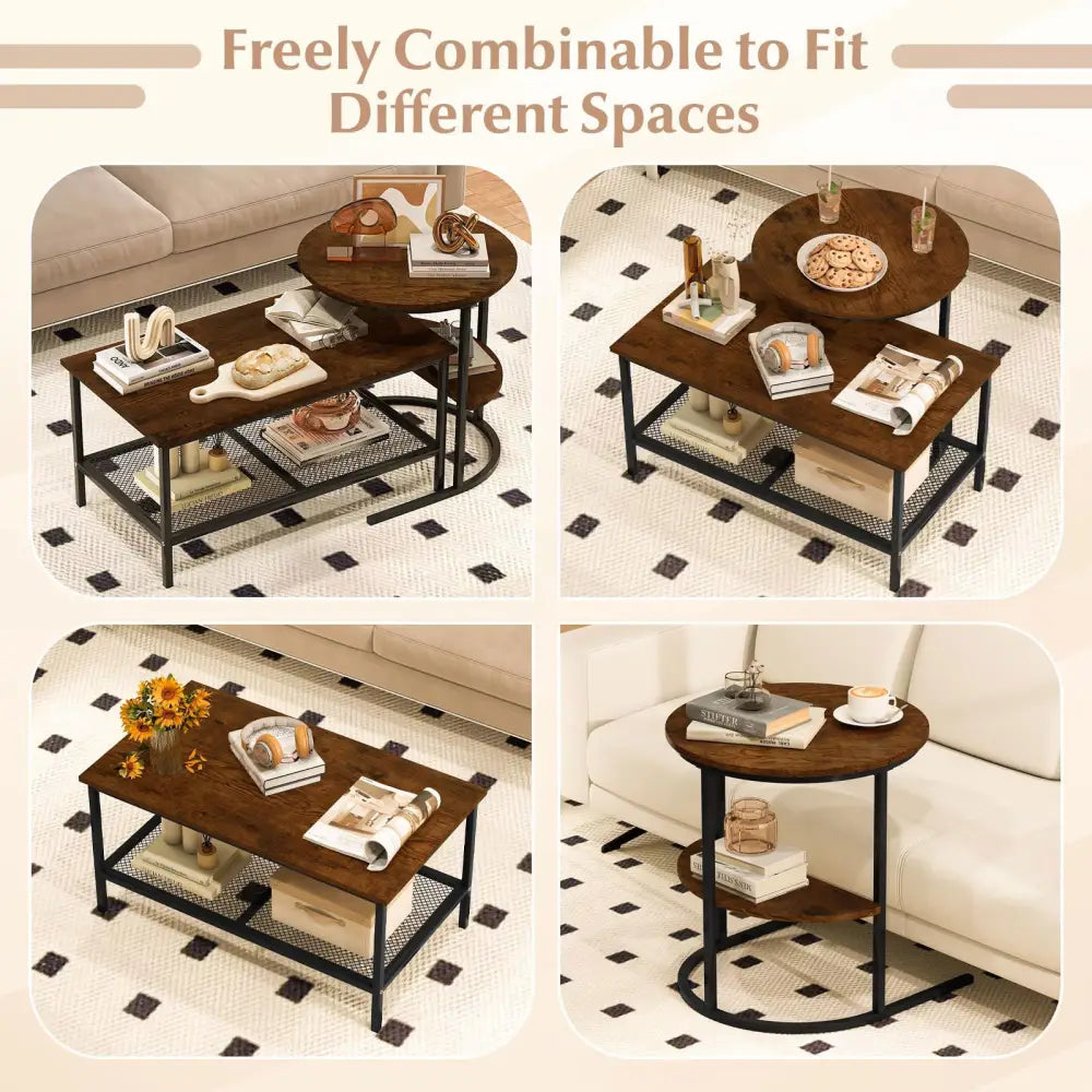 Coffee Table 2-Tier Rectangle Coffee Table and Side End Table with Storage Shelves-Rustic Brown - Rustic Brown - Coffee
