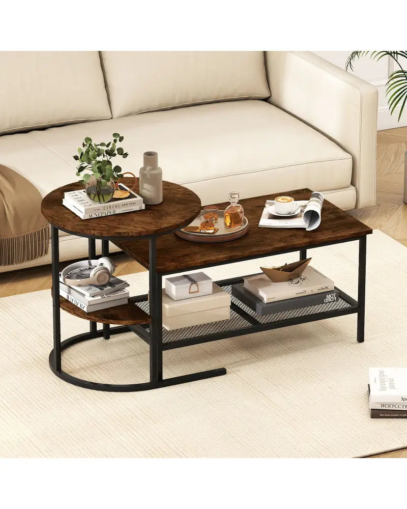 Coffee Table 2-Tier Rectangle Coffee Table and Side End Table with Storage Shelves-Rustic Brown - Rustic Brown - Coffee