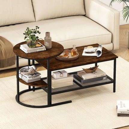 Coffee Table 2-Tier Rectangle Coffee Table and Side End Table with Storage Shelves-Rustic Brown - Rustic Brown - Coffee