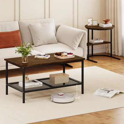 Coffee Table 2-Tier Rectangle Coffee Table and Side End Table with Storage Shelves-Rustic Brown - Rustic Brown - Coffee