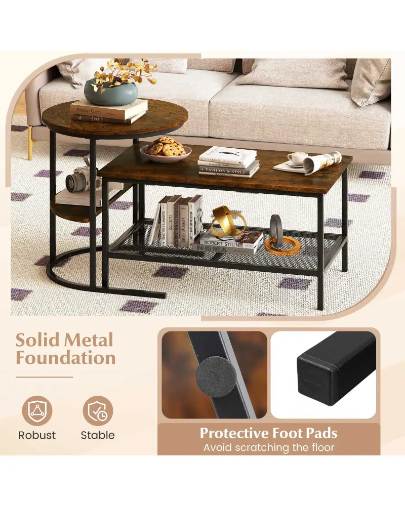 Coffee Table 2-Tier Rectangle Coffee Table and Side End Table with Storage Shelves-Rustic Brown - Rustic Brown - Coffee