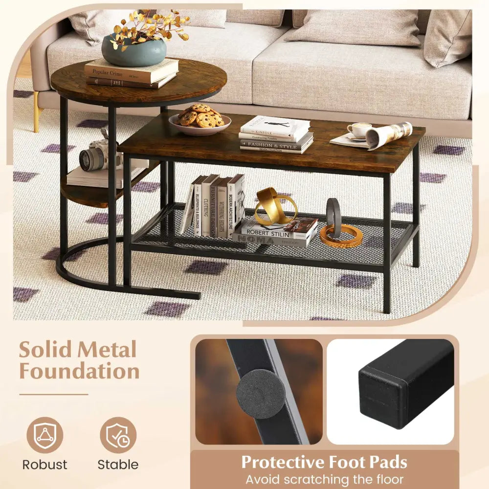 Coffee Table 2-Tier Rectangle Coffee Table and Side End Table with Storage Shelves-Rustic Brown - Rustic Brown - Coffee