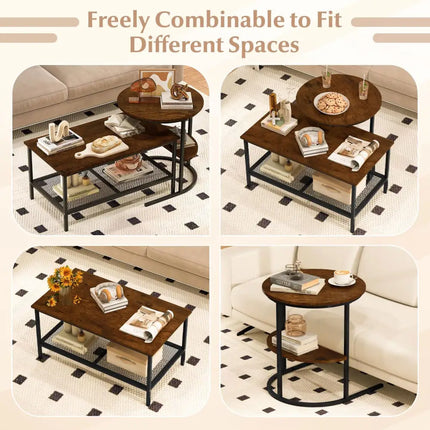 Coffee Table 2-Tier Rectangle Coffee Table and Side End Table with Storage Shelves-Rustic Brown - Rustic Brown - Coffee