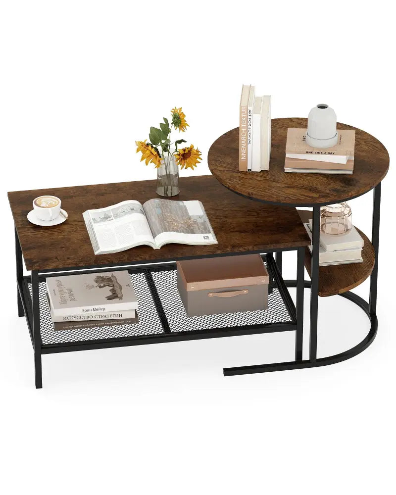 Coffee Table 2-Tier Rectangle Coffee Table and Side End Table with Storage Shelves-Rustic Brown - Rustic Brown - Coffee