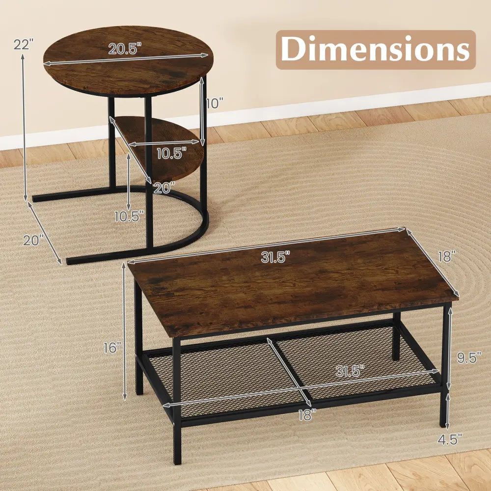 Coffee Table 2-Tier Rectangle Coffee Table and Side End Table with Storage Shelves-Rustic Brown - Rustic Brown - Coffee